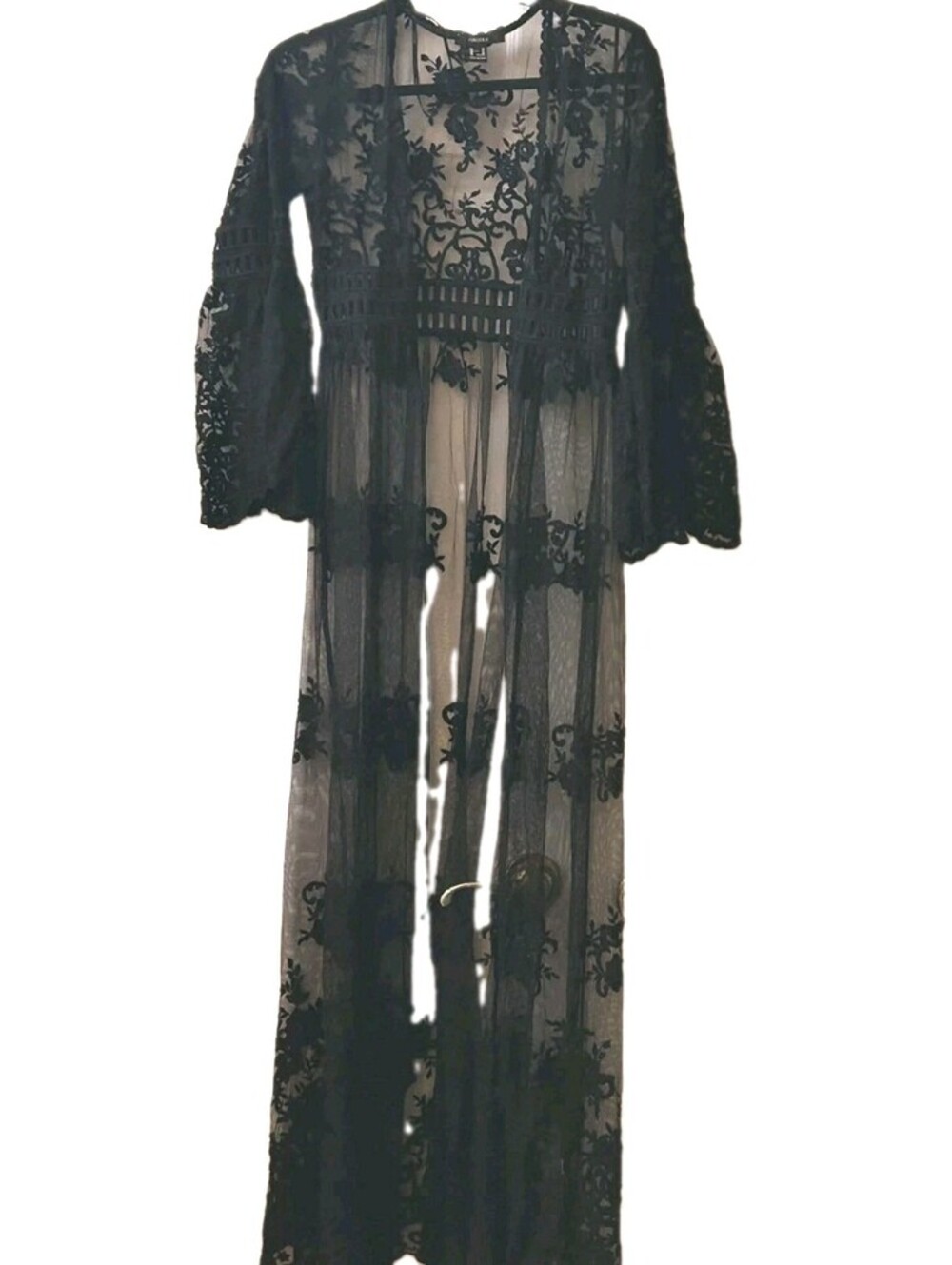 Forever 21 Black Lace Maxi Duster Cardigan Sheer Kimono Women Size XS Open Front
